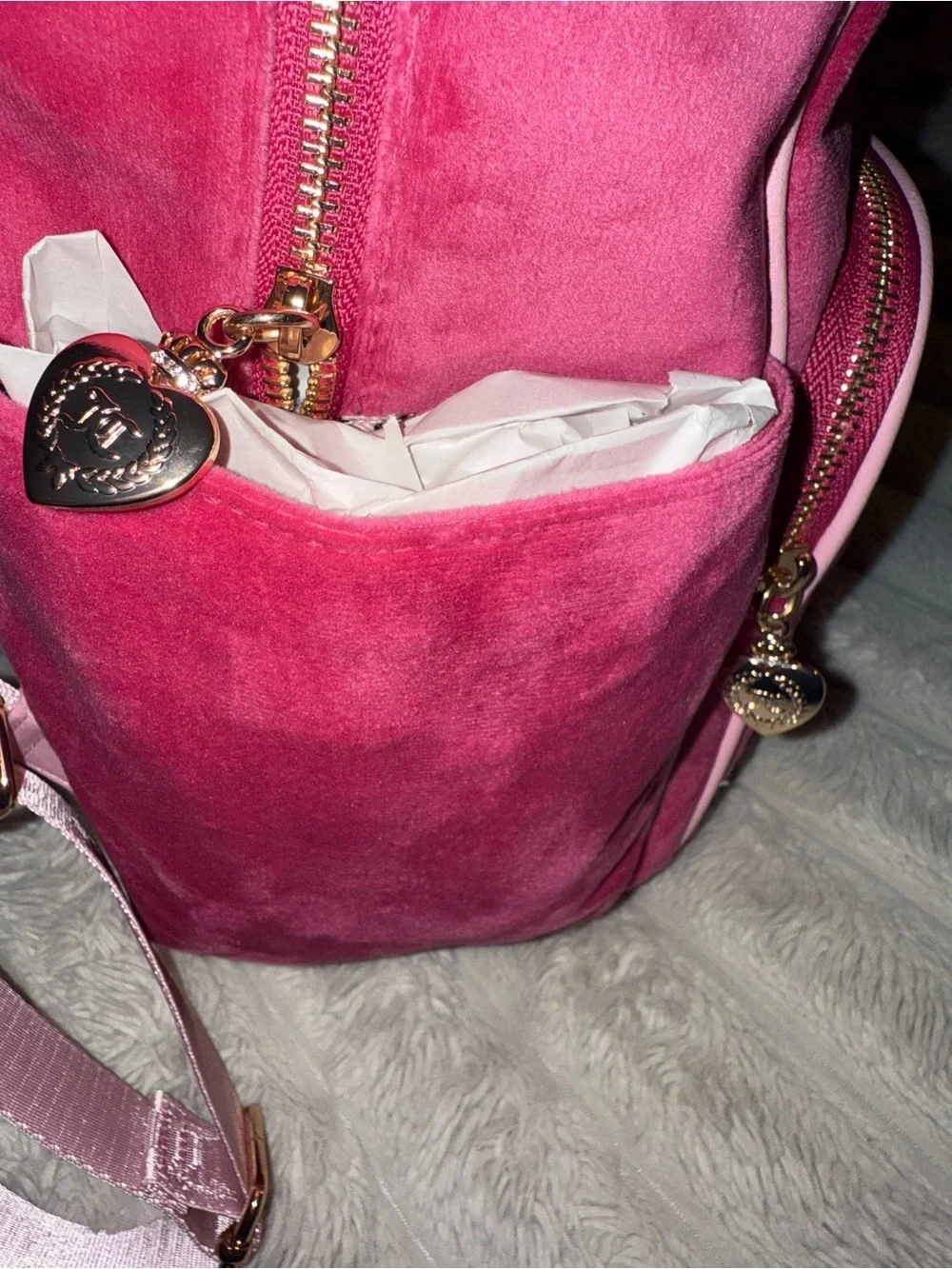 Juicy Couture Pink Velour Backpack with Plush Charm and Mini Purse